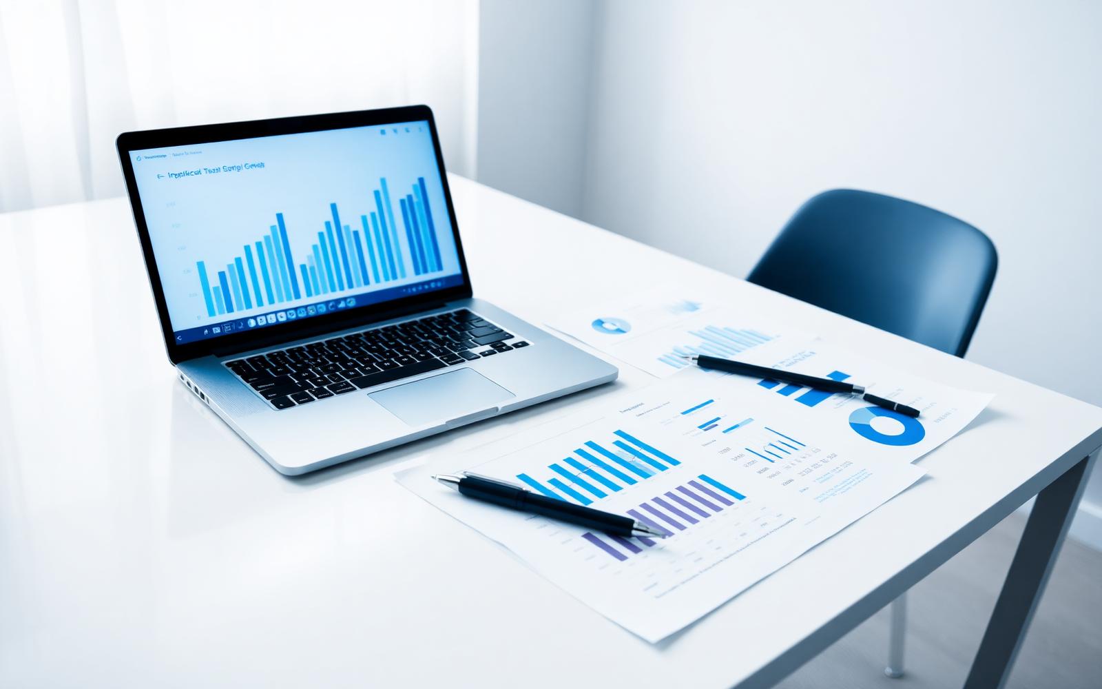 Escritorio con notebook y reportes financieros